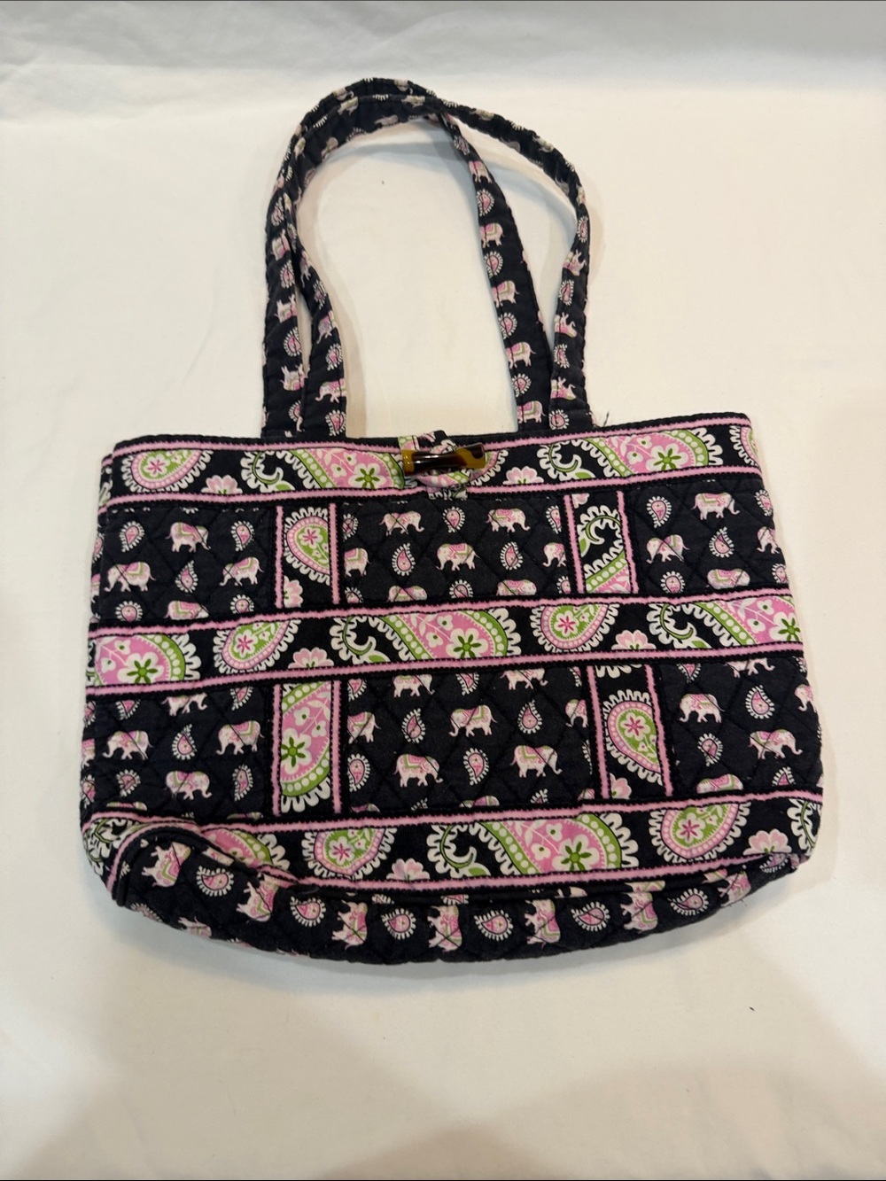 Quilted Black Tote with Pink & Green Paisley Accents